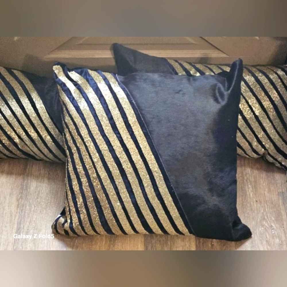 CALLISTO HOME X 3 GOLD BUGLE BEADED NAVY CALF HIDE PILLOW  24”X 24”  & 24" X 14
